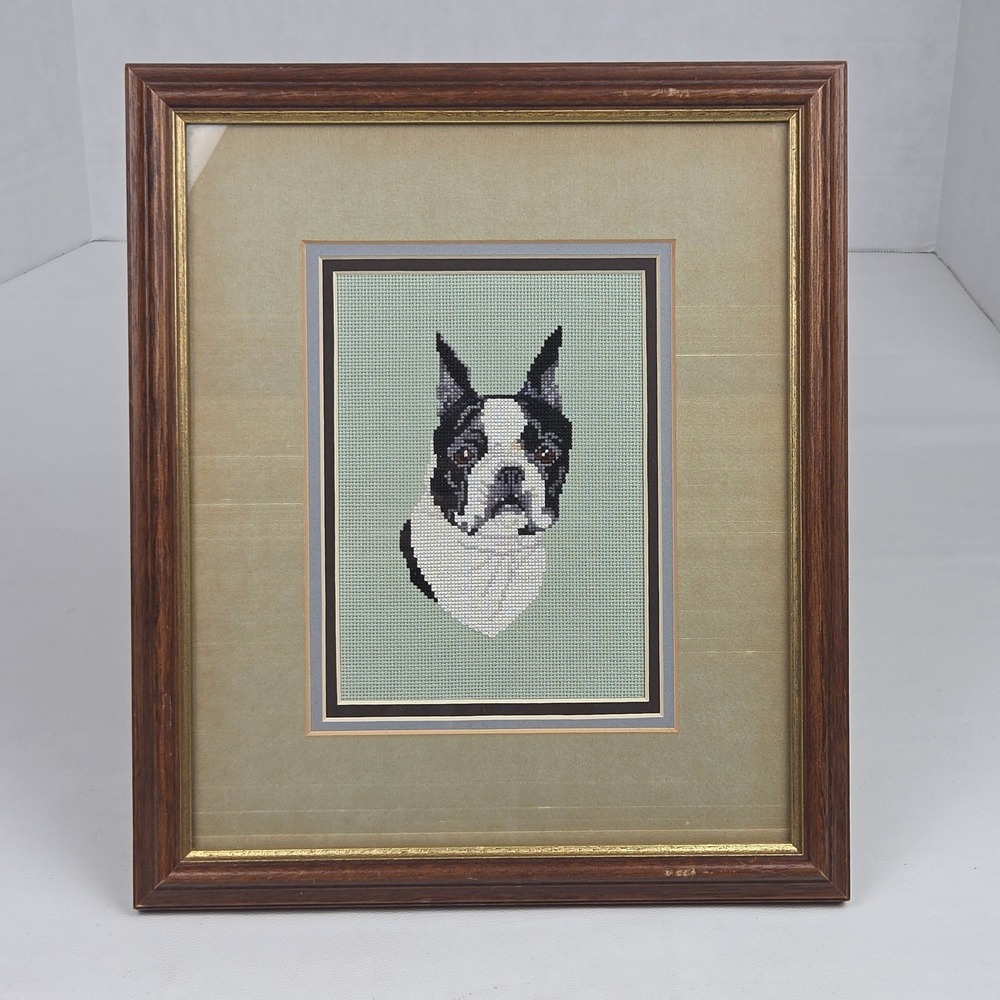 Vintage 80s Needlepoint Cross Stitch Traditional Boston Terrier Wood Framed